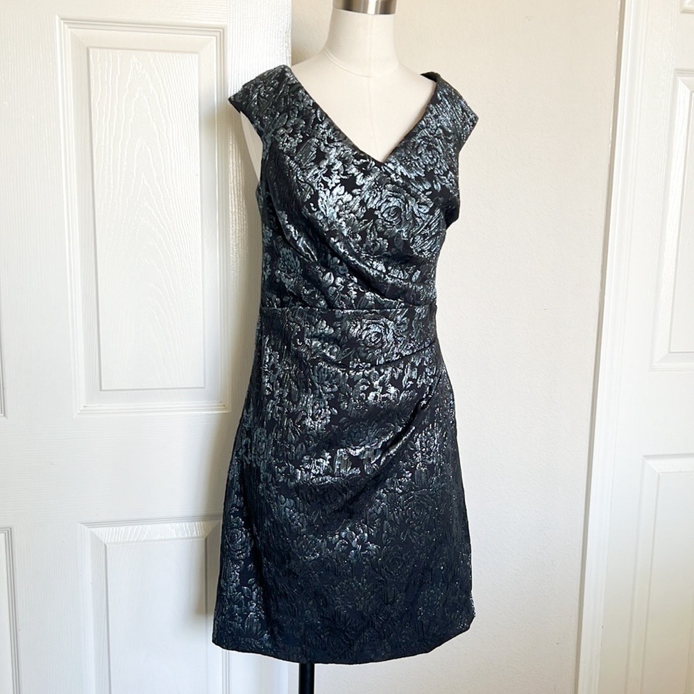 RICKIE FREEMAN FOR TERI JON Off-Shoulder Ruched Jacquard Sheath Dress - Picture 5 of 8